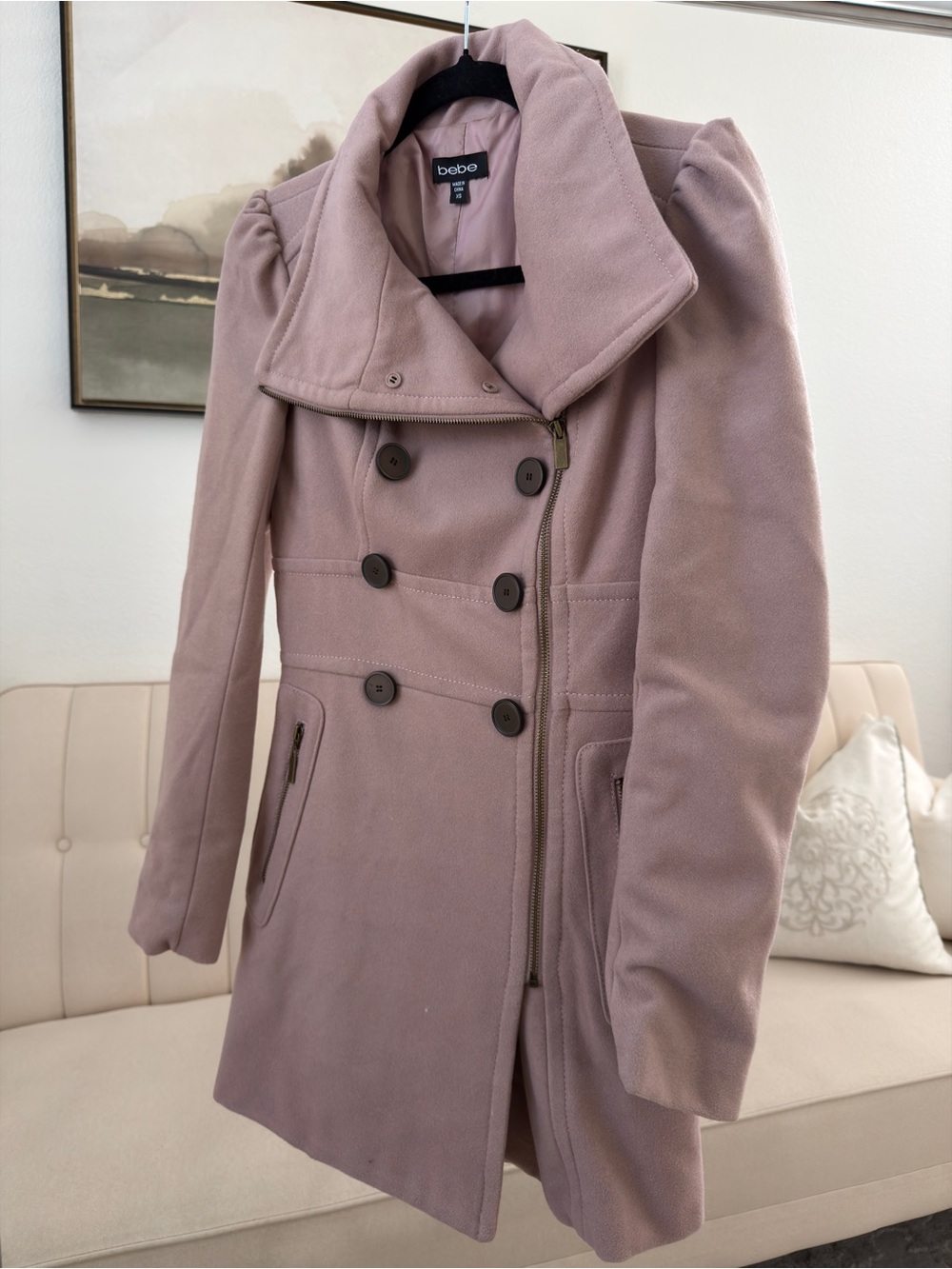 bebe Dusty Mauve Double-Breasted Wool-Blend Pea Coat